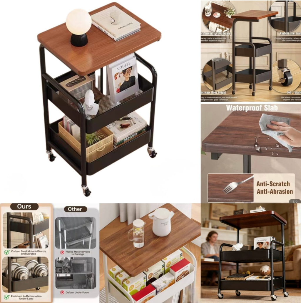 Rolling Storage Cart with Wooden Top