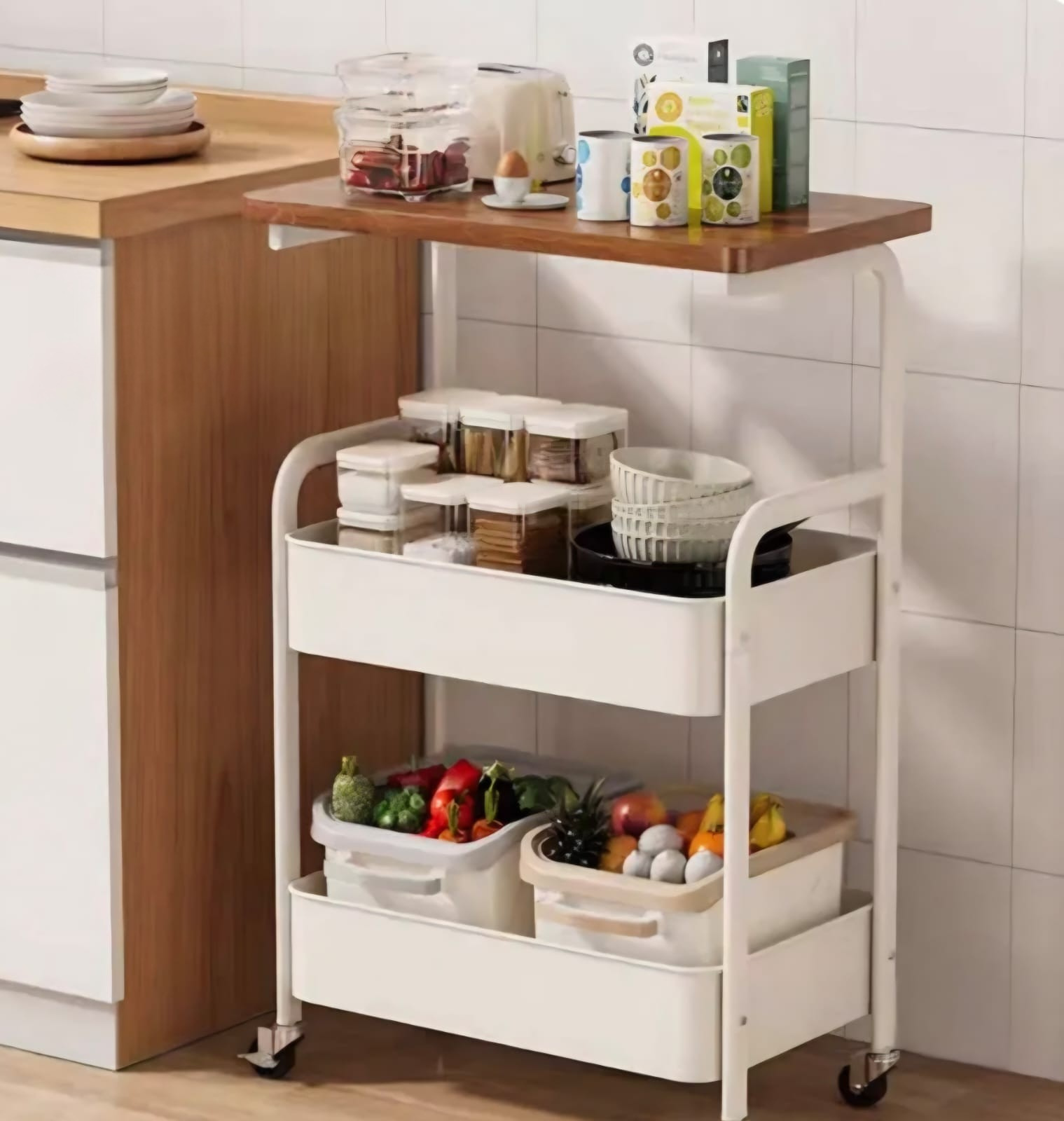 Rolling Storage Cart with Wooden Top