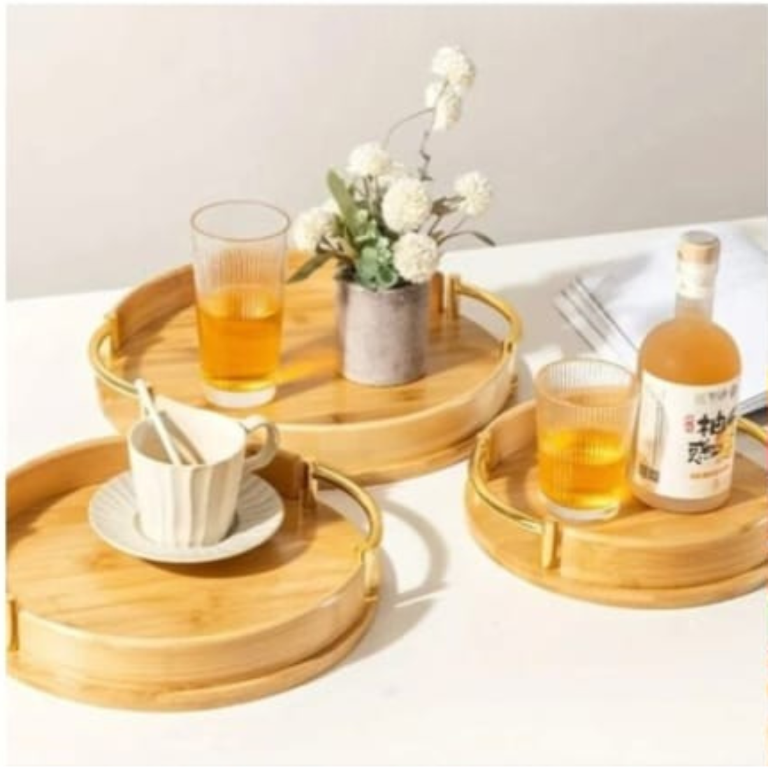 Round Bamboo Serving Tray Set with Gold Handles