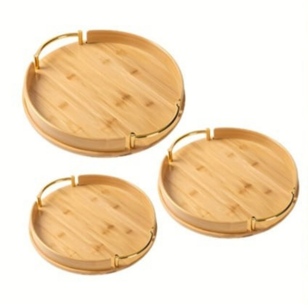 Round Bamboo Serving Tray Set with Gold Handles