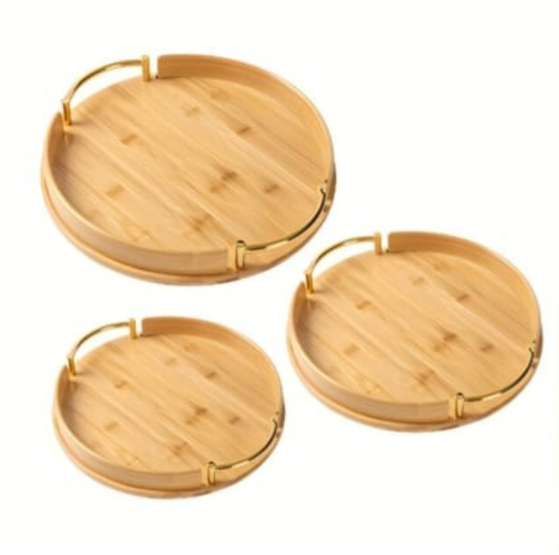 Round Bamboo Serving Tray Set with Gold Handles