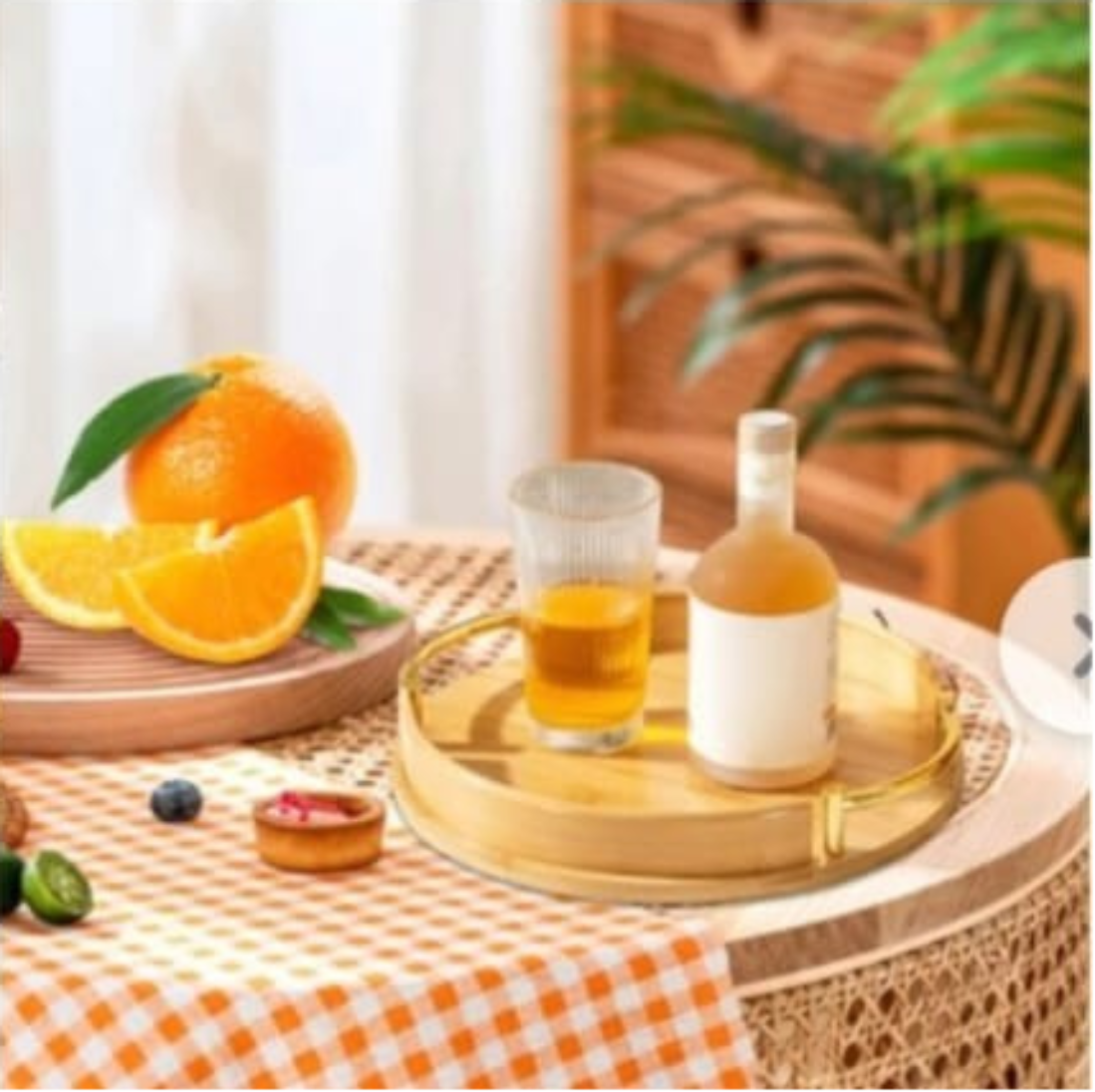 Round Bamboo Serving Tray Set with Gold Handles