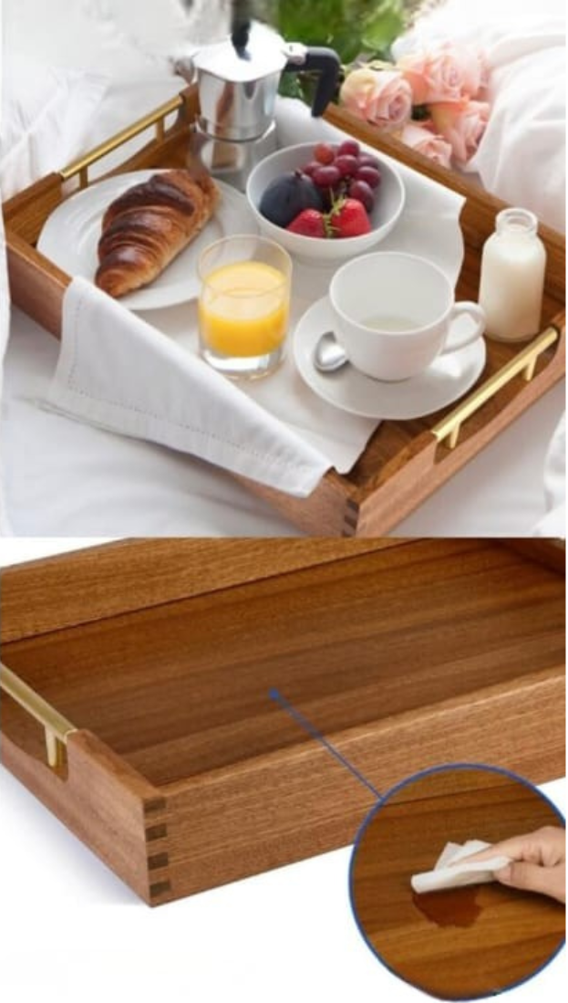 Acacia Wood Serving Tray Set with Gold Handles