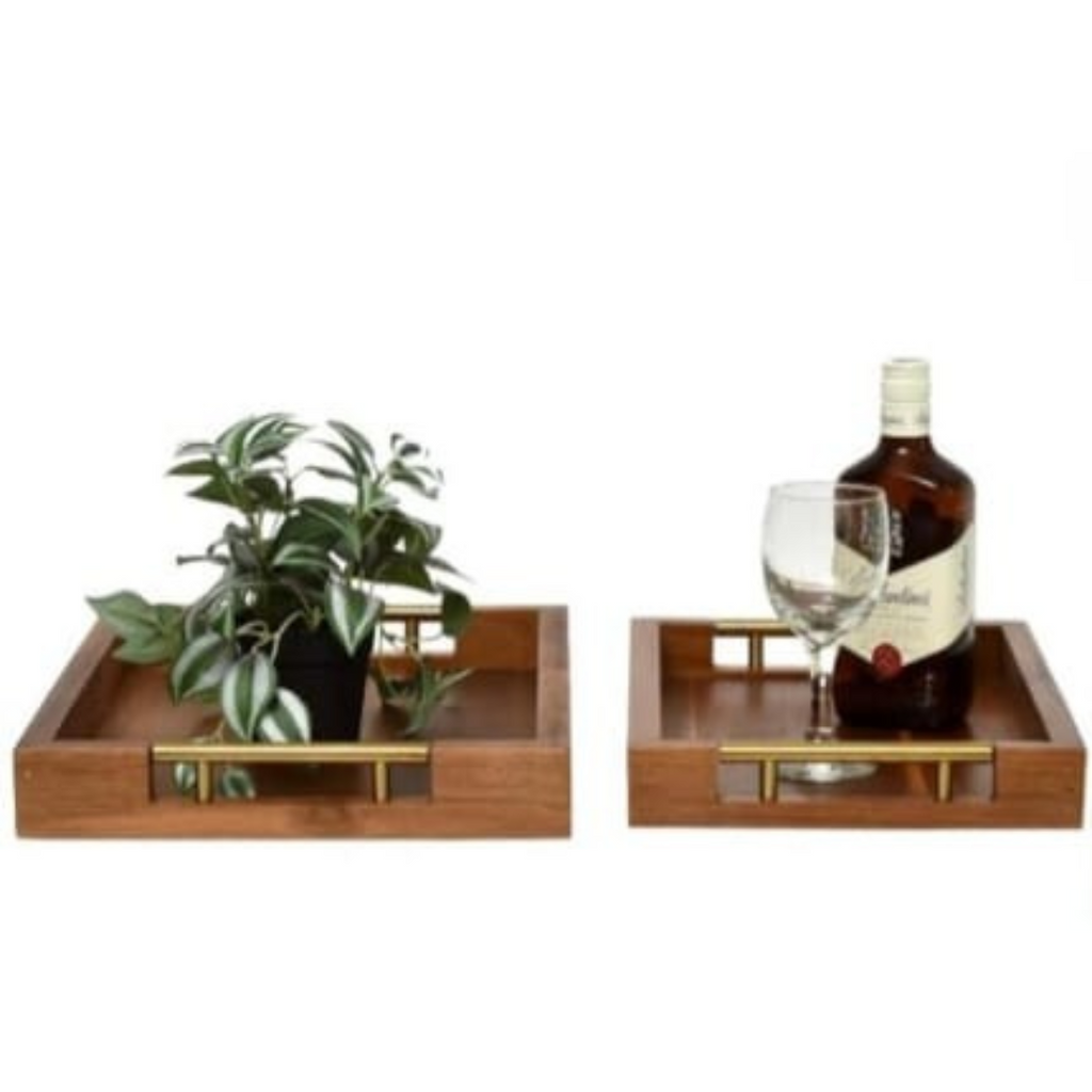 Acacia Wood Serving Tray Set with Gold Handles
