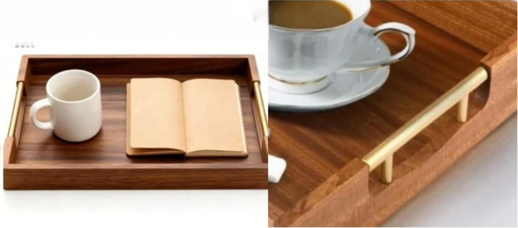 Acacia Wood Serving Tray Set with Gold Handles