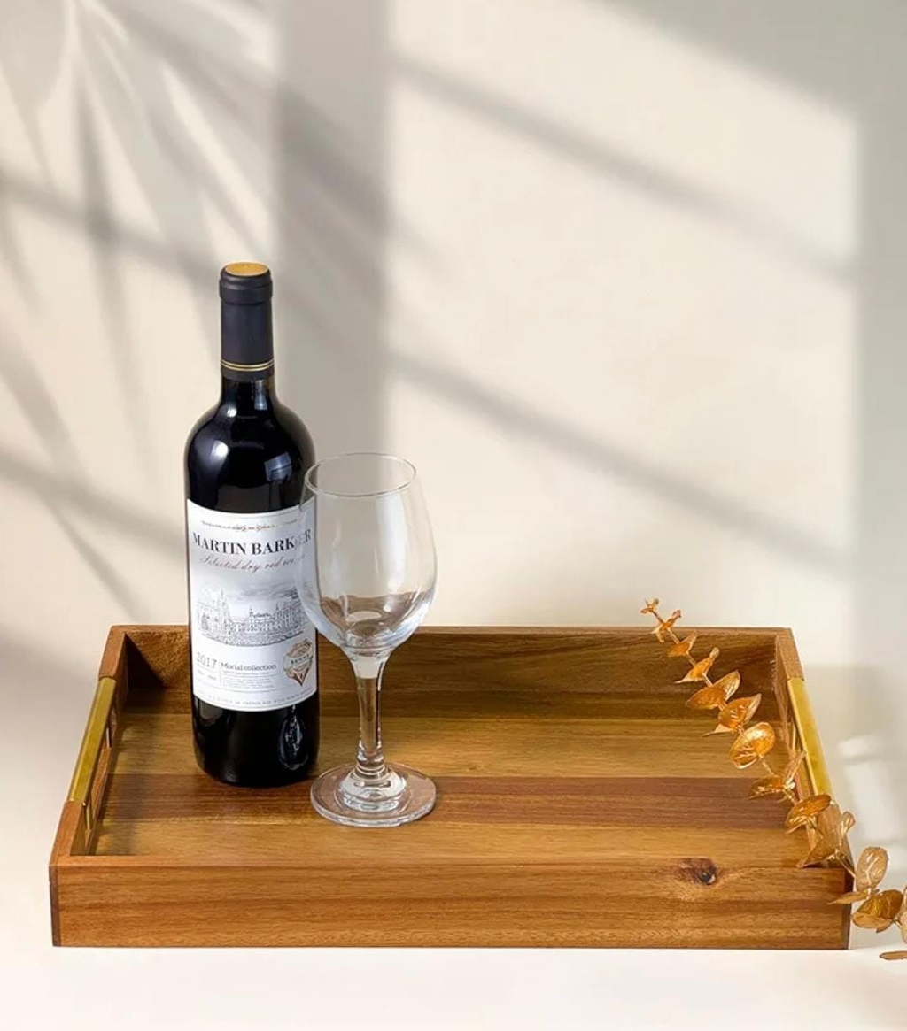 Wooden Serving Tray with Gold Handles
