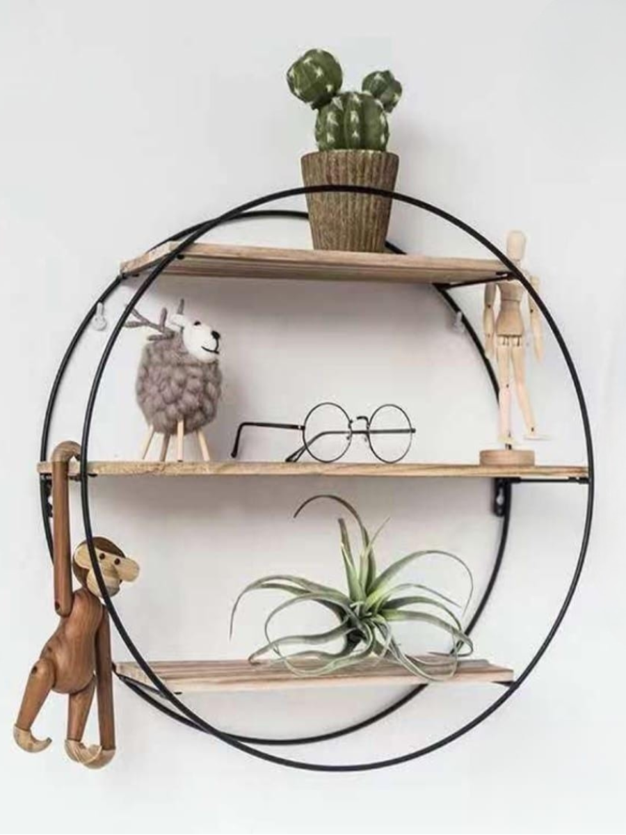 Round Wall Shelf – 3-Tier Metal & Wood