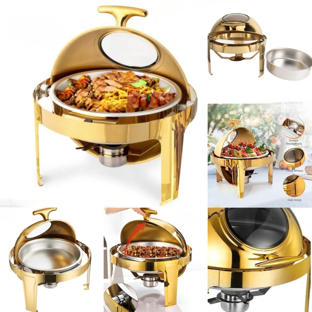 Gold Round Chafing Dish with Roll Top Lid & Visual Window