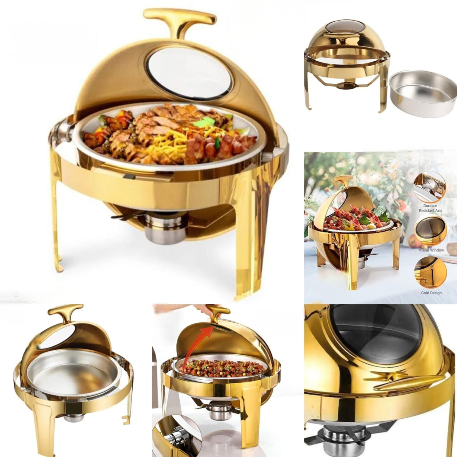 Gold Round Chafing Dish with Roll Top Lid & Visual Window
