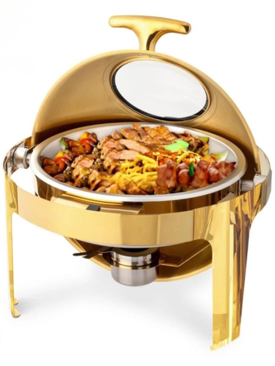 Gold Round Chafing Dish with Roll Top Lid & Visual Window