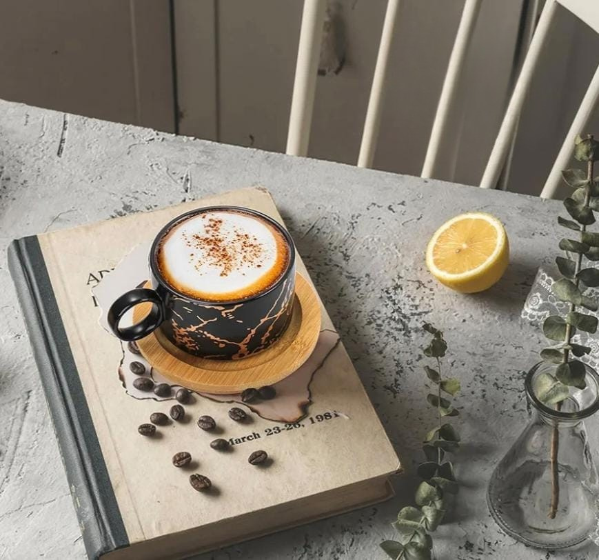 Marble Ceramic Cup & Saucer Set with Gold Stand