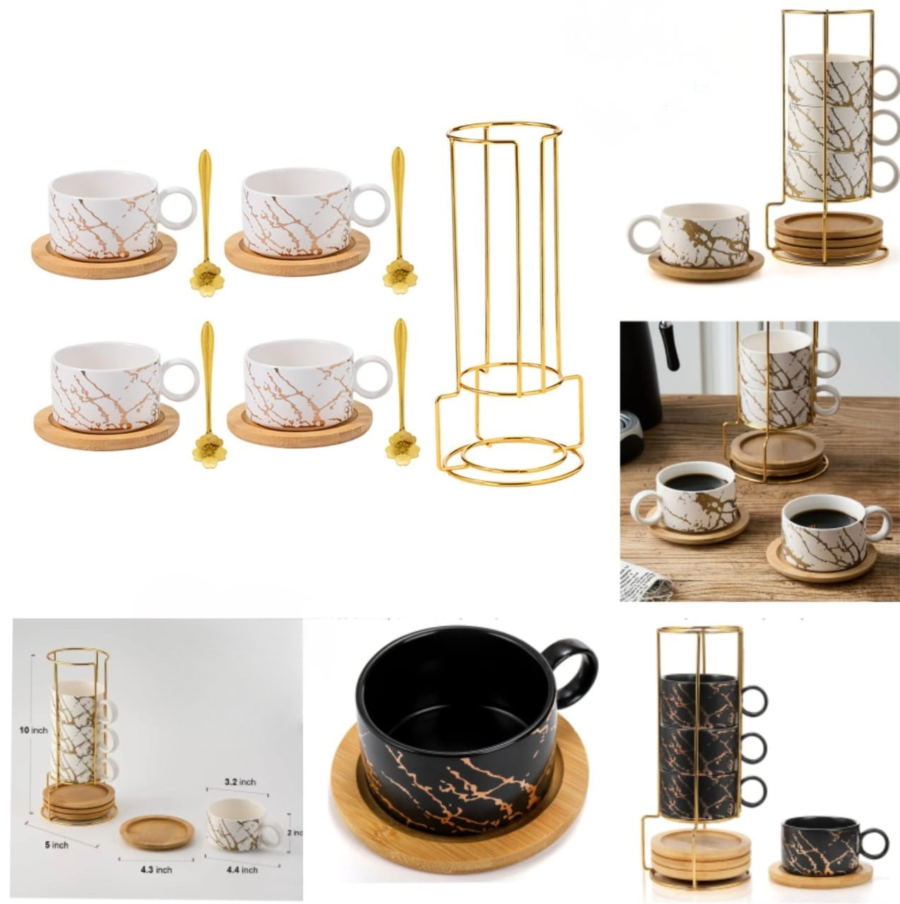 Marble Ceramic Cup & Saucer Set with Gold Stand