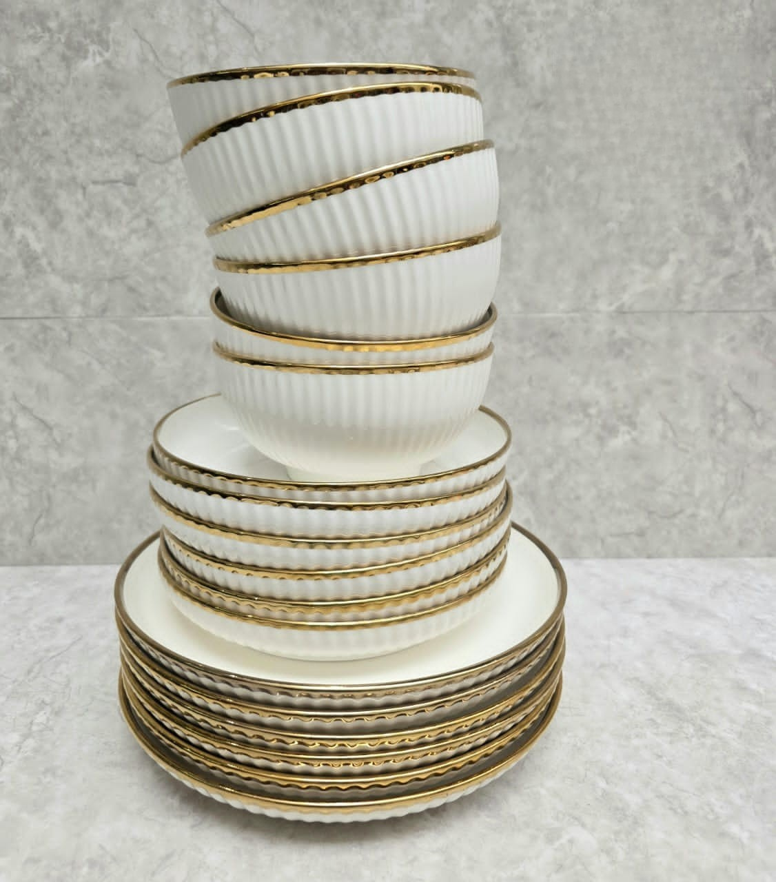 White & Gold Ribbed Dinnerware Set