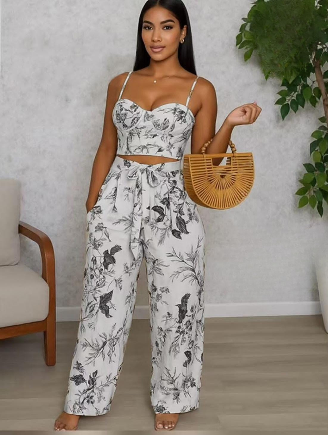 Floral Print Crop Top & Wide-Leg Pants Set