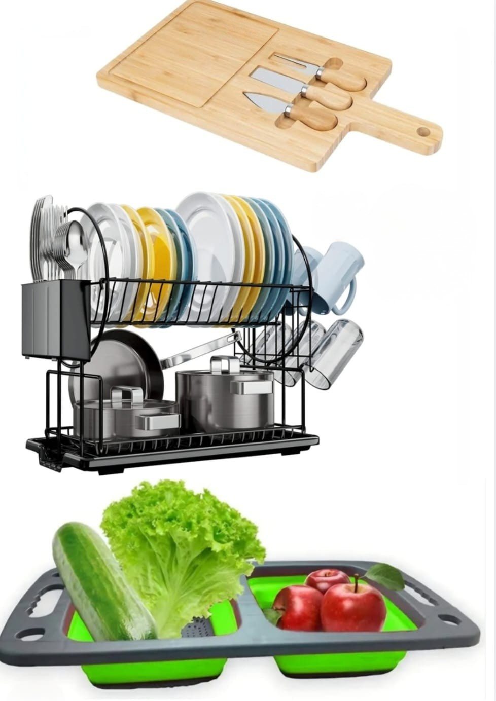 Kitchen Essentials Bundle – Cheese Board, Dish Rack & Collapsible Colander