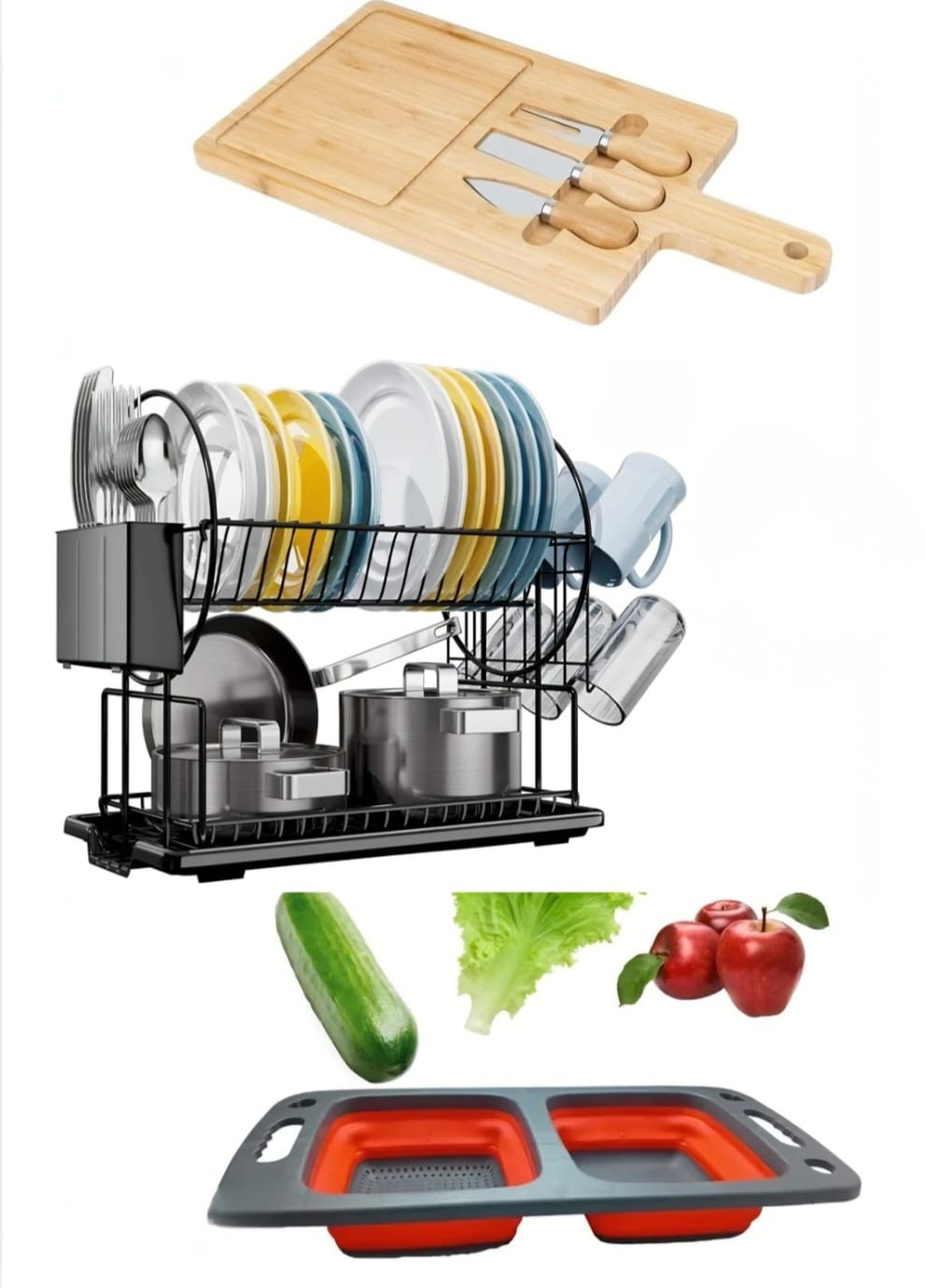 Kitchen Essentials Bundle – Cheese Board, Dish Rack & Collapsible Colander