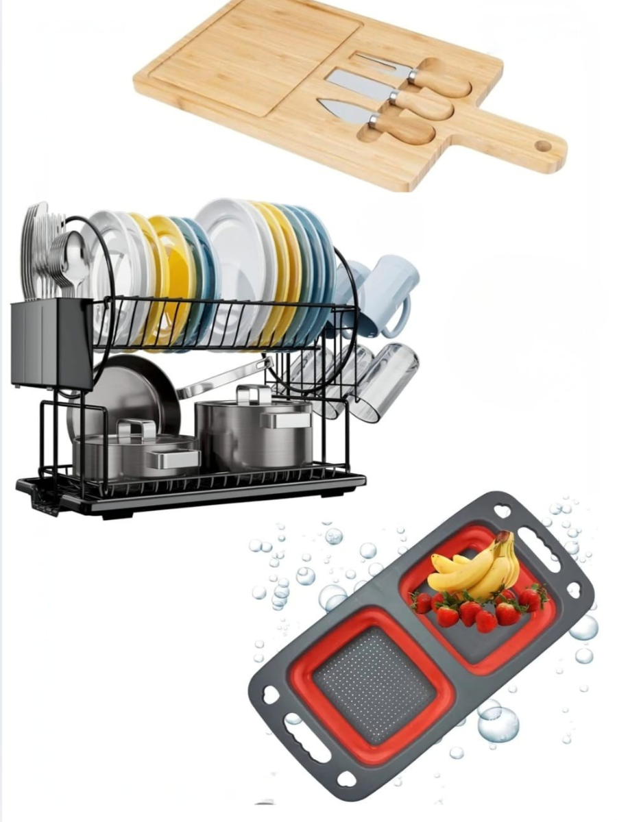 Kitchen Essentials Bundle – Cheese Board, Dish Rack & Collapsible Colander