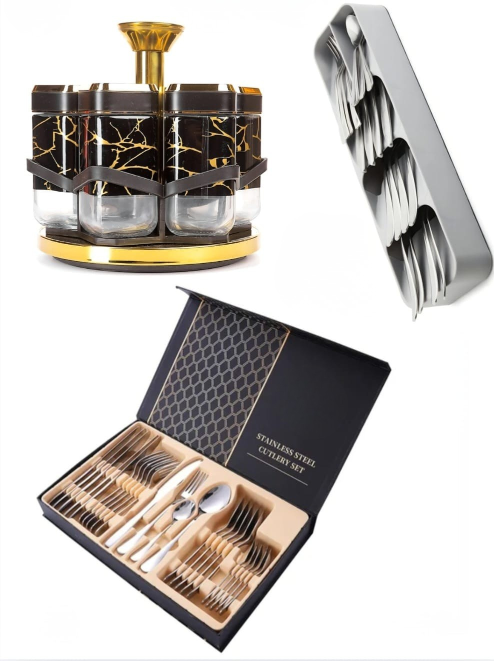 Rotating Spice Rack & Stainless Steel Cutlery Set Bundle