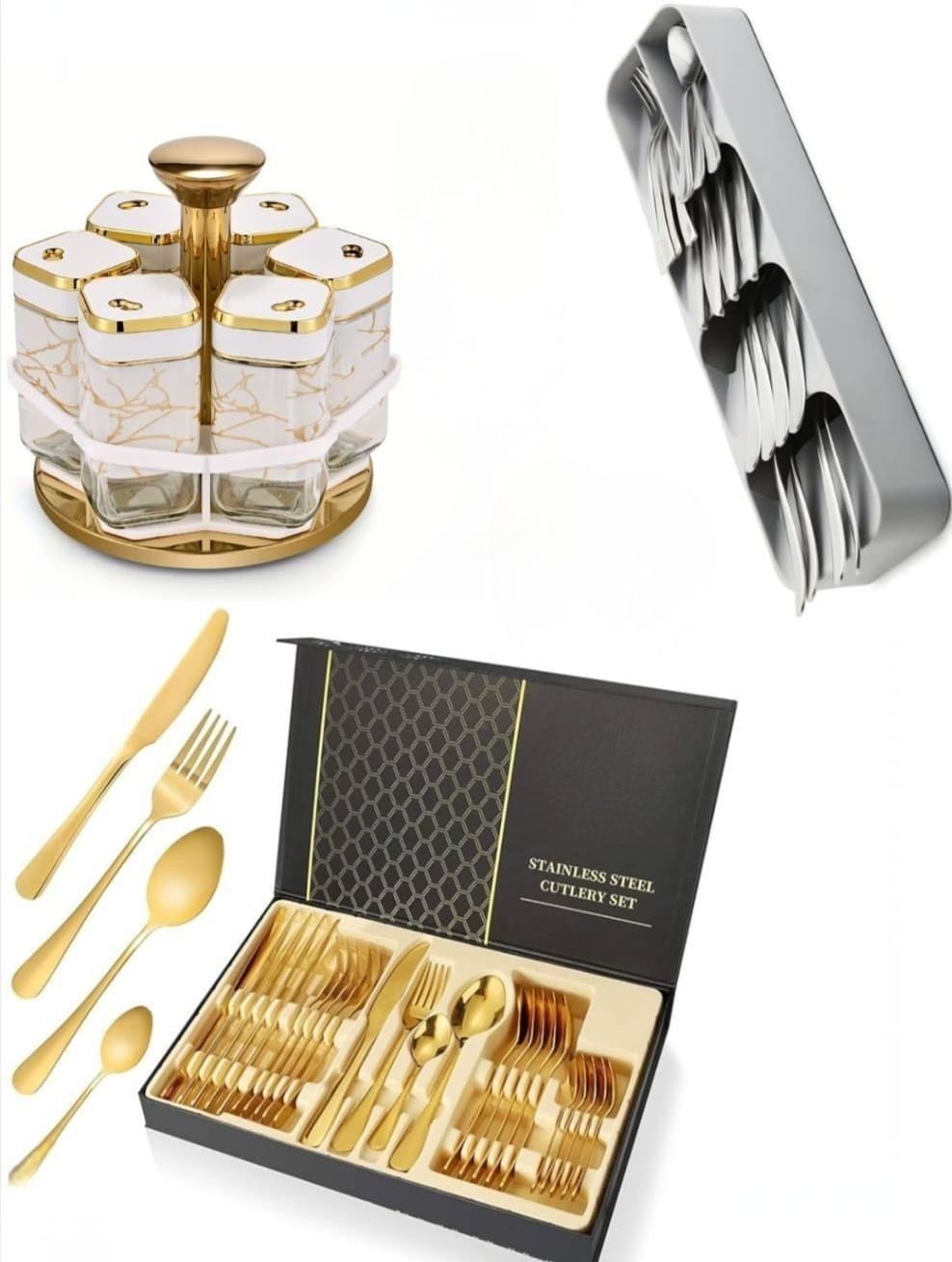 Rotating Spice Rack & Stainless Steel Cutlery Set Bundle