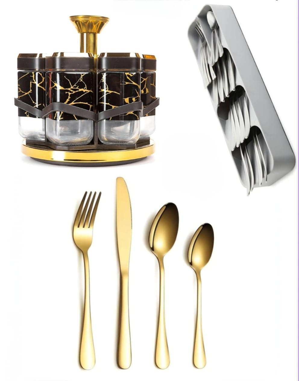 Rotating Spice Rack & Stainless Steel Cutlery Set Bundle