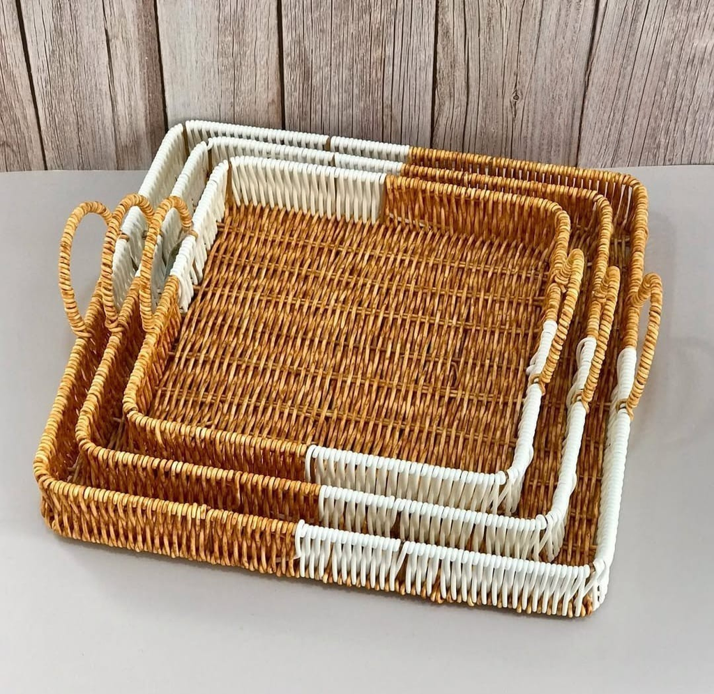 Two-Tone Rattan Serving Tray Set