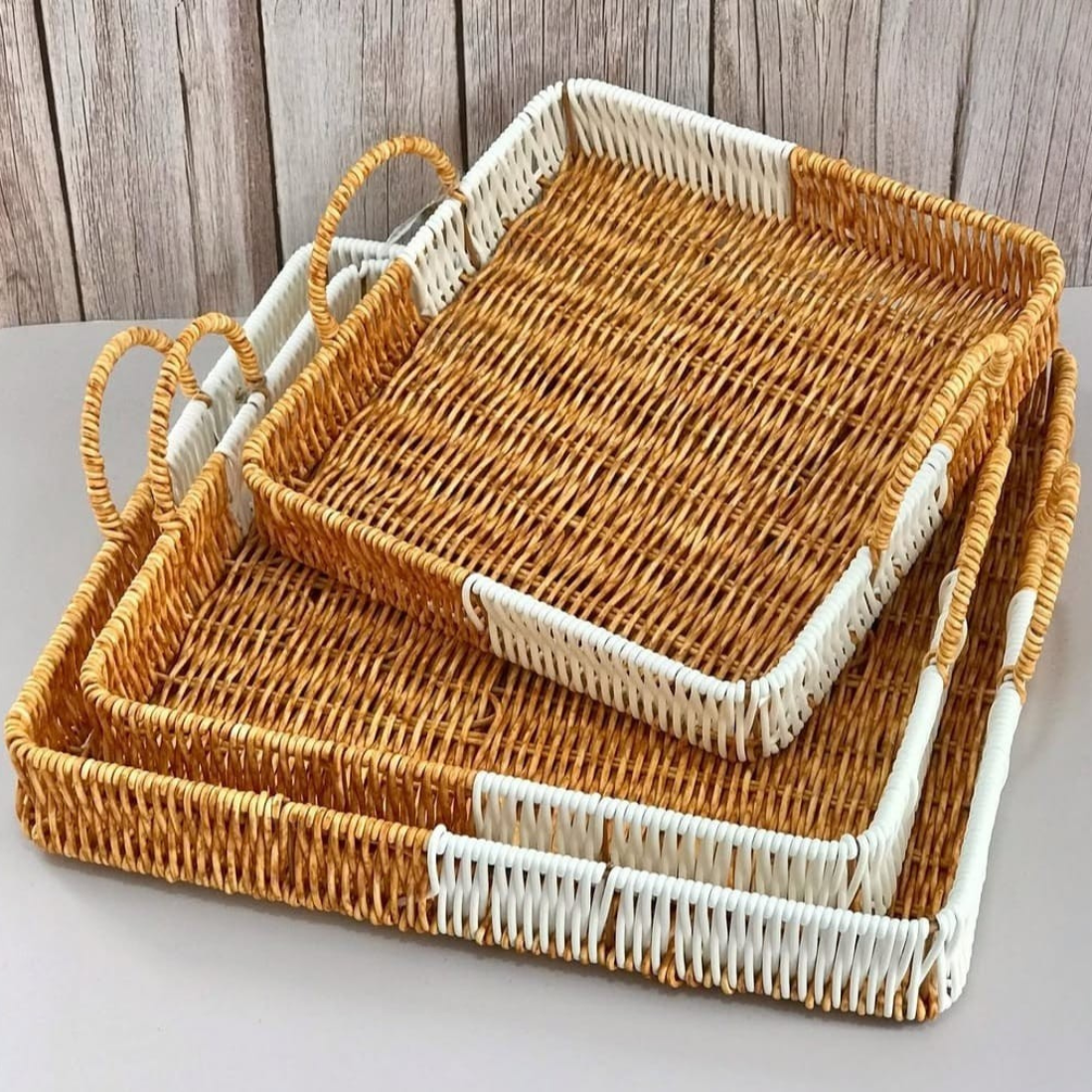 Two-Tone Rattan Serving Tray Set