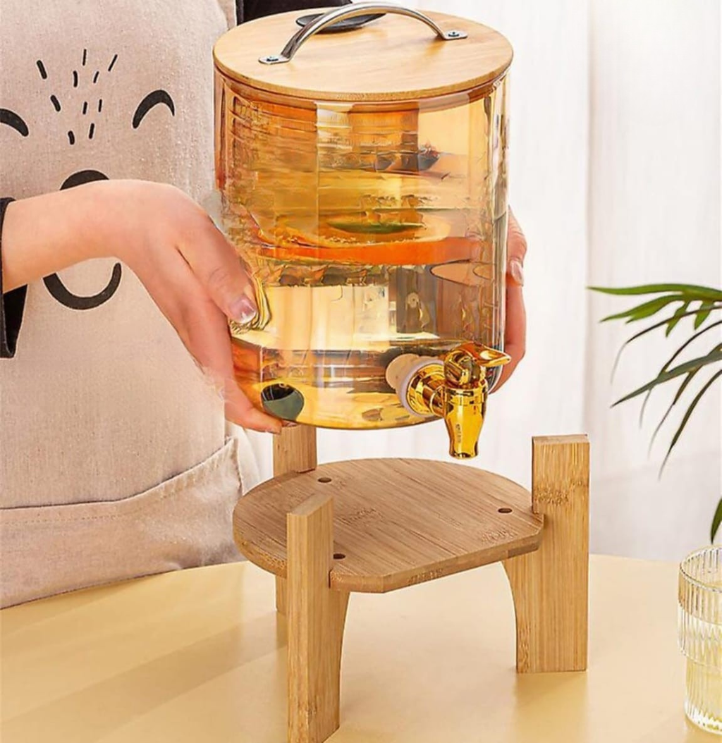 Glass Beverage Dispenser with Bamboo Stand