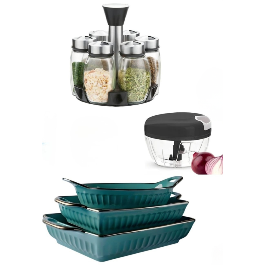Kitchenware Combo Set – Bakeware, Spice Rack & Vegetable Chopper 3pcs