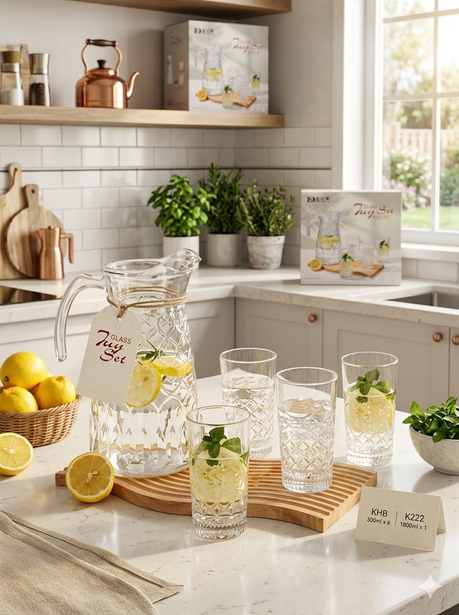 Glass Jug Set – Crystal Cut Pitcher & Glasses