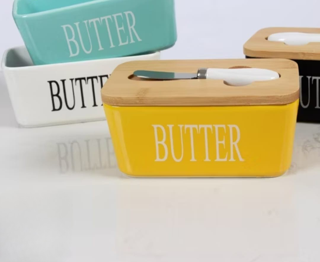 Ceramic Butter Dish with Bamboo Lid & Spreader Knife