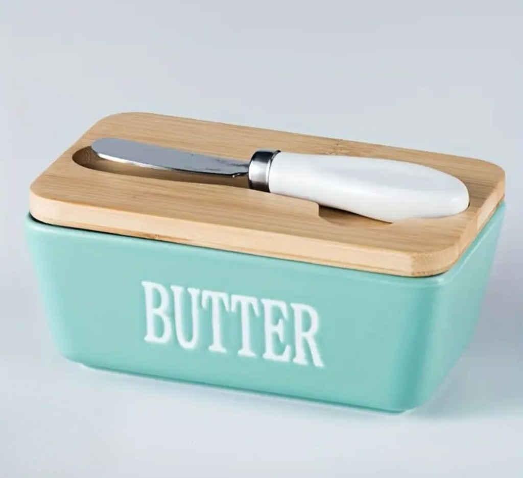 Ceramic Butter Dish with Bamboo Lid & Spreader Knife