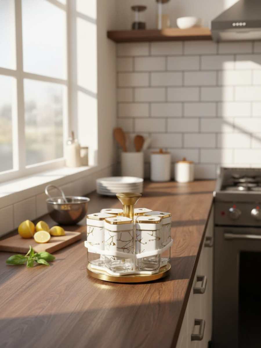 Rotating Marble & Gold Spice Rack Set