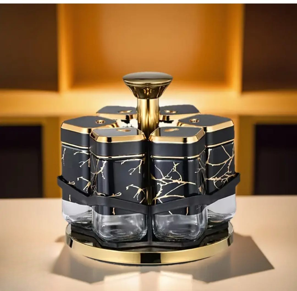 Rotating Marble & Gold Spice Rack Set