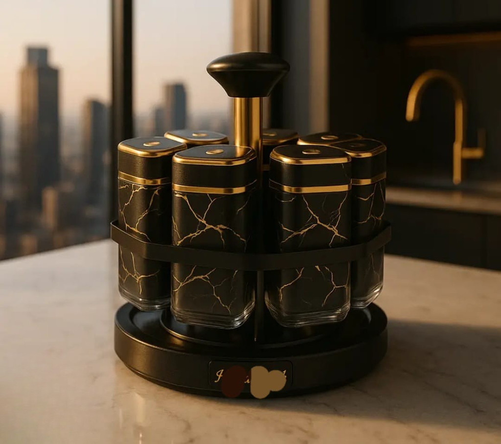 Rotating Marble & Gold Spice Rack Set
