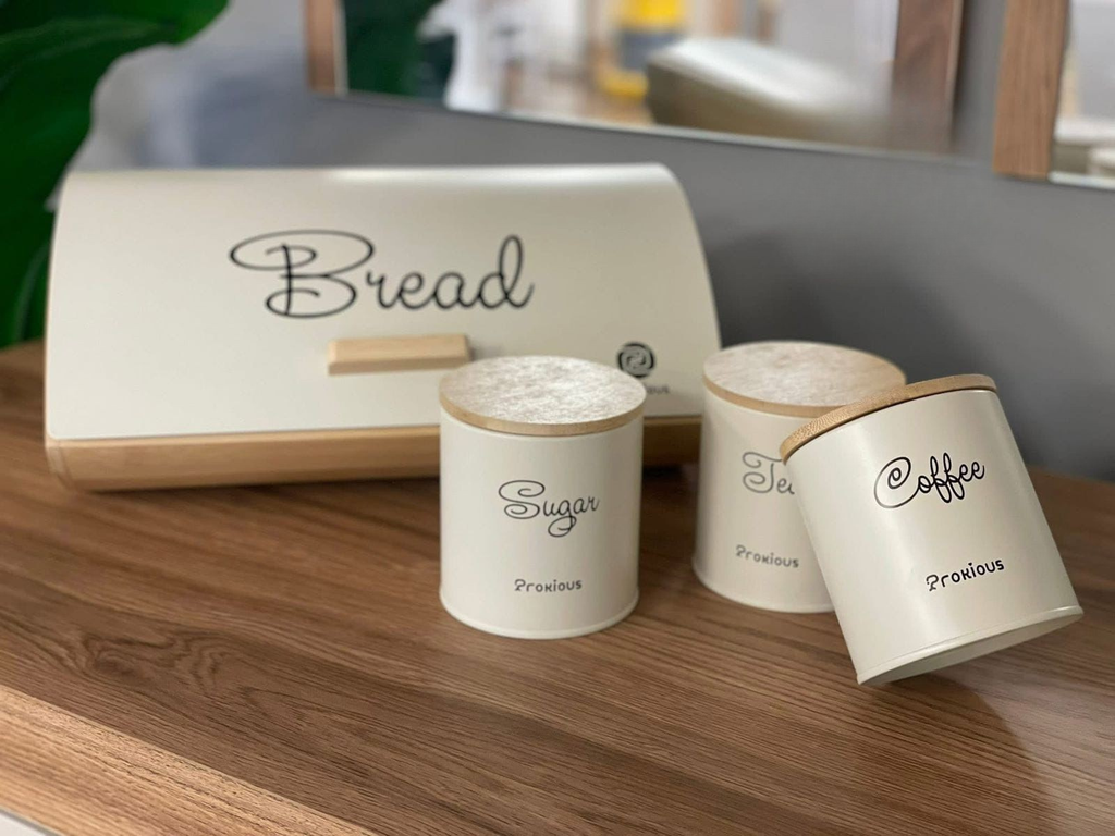 Prokious Kitchen Storage Set – Bread Box with Tea, Sugar & Coffee Canisters