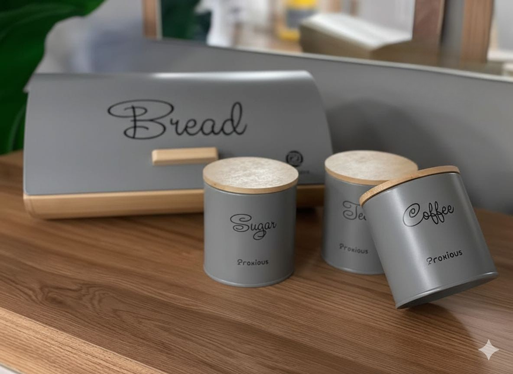 Prokious Kitchen Storage Set – Bread Box with Tea, Sugar & Coffee Canisters