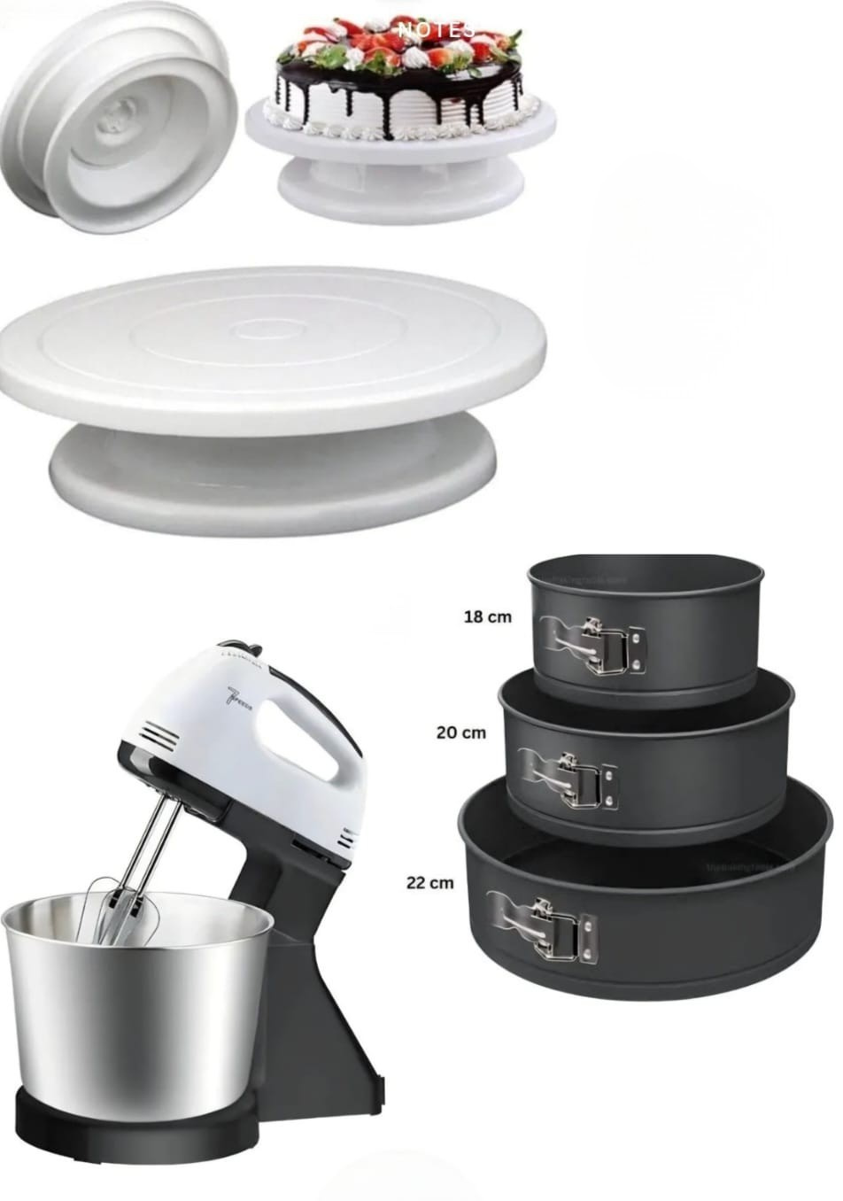 3pcs Baking Combo Set – Non-Stick Cake Moulds, Electric Stand Mixer & 28CM Cake Stand