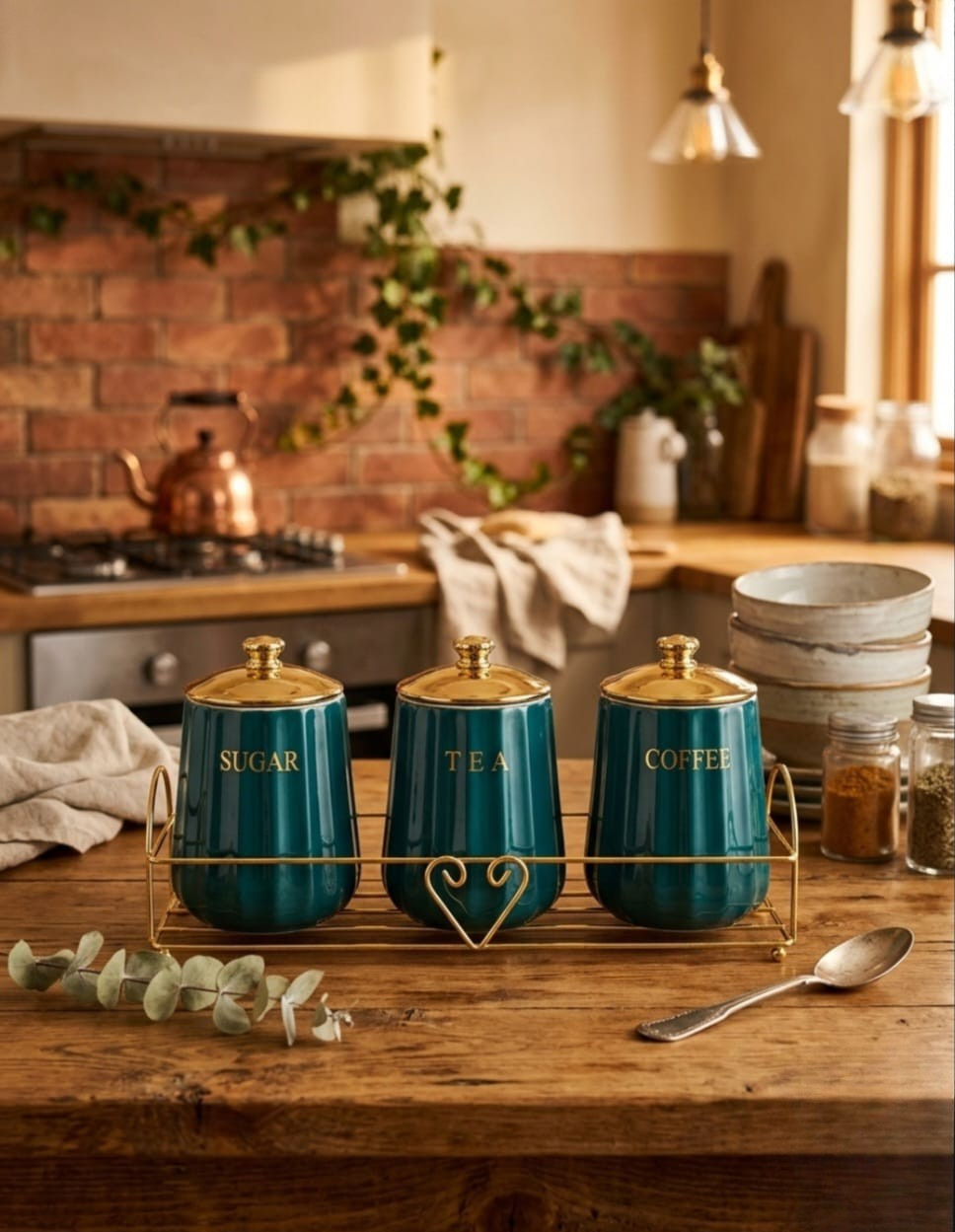 Ceramic Canister Set of 3 with Gold Rack