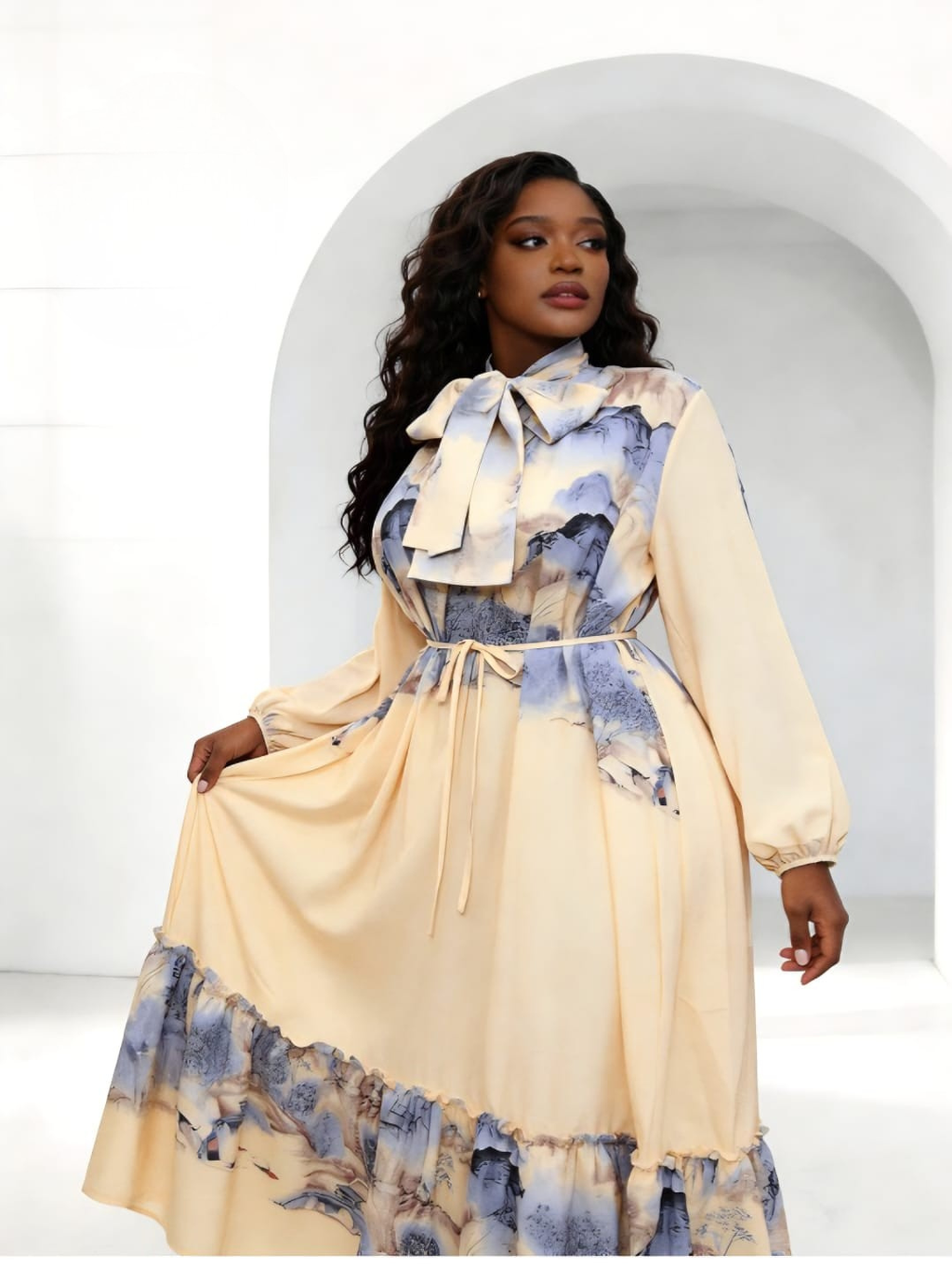 Oriental Ink Print Midi Dress