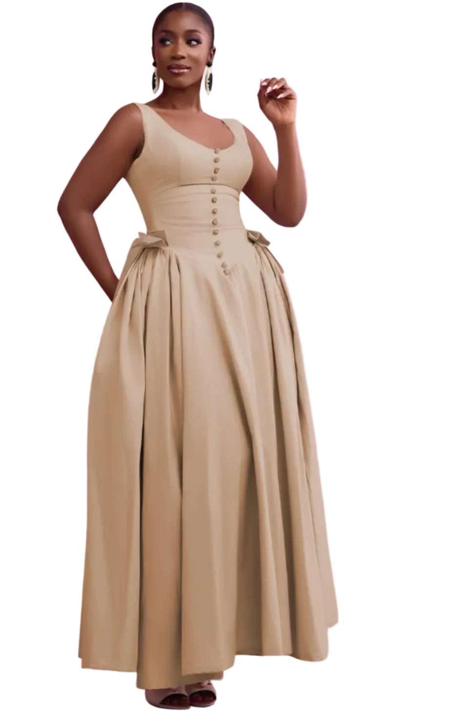 Bow Detail Button-Front Maxi Dress