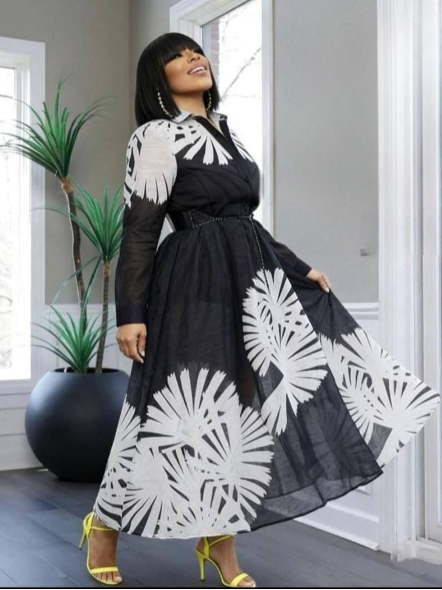 Black & White Palm Print Midi Dress