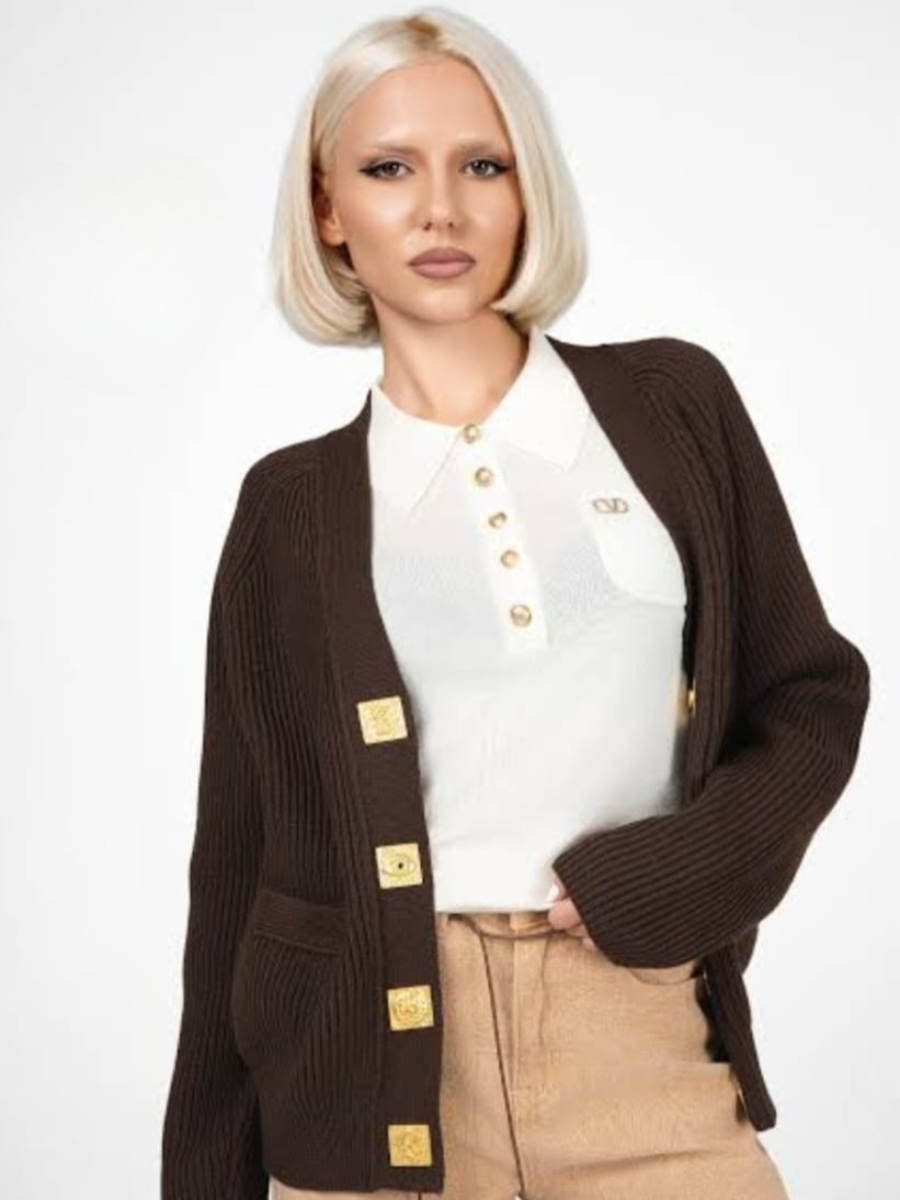 Gold Button Ribbed Knit Cardigan