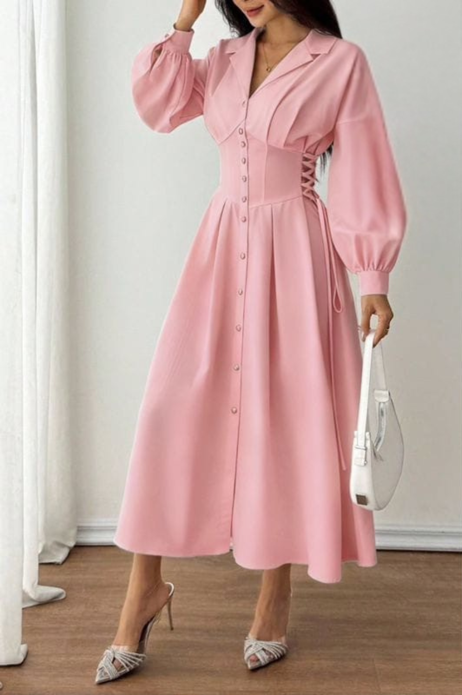 Corset Waist Midi Shirt Dress