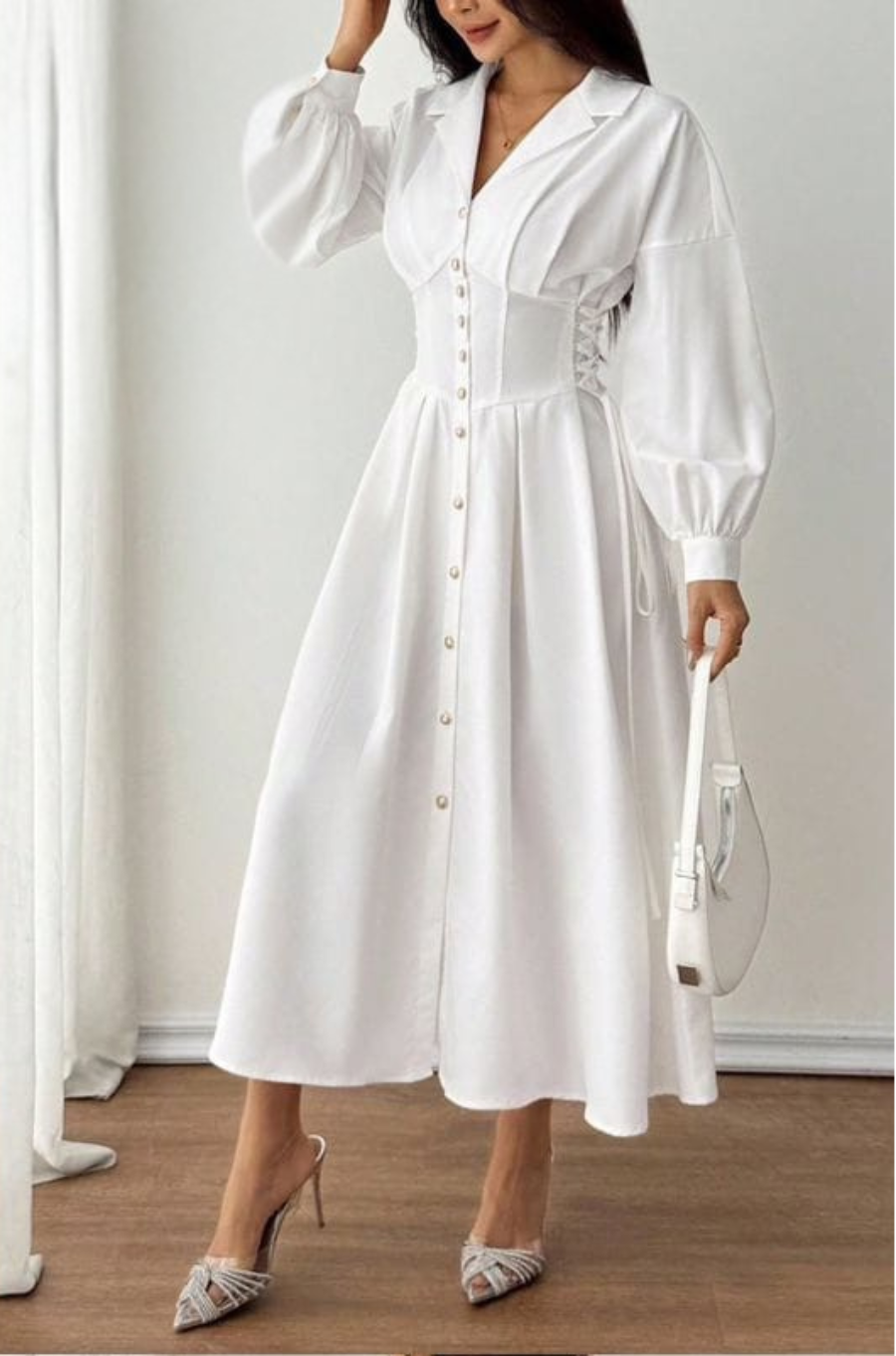 Corset Waist Midi Shirt Dress