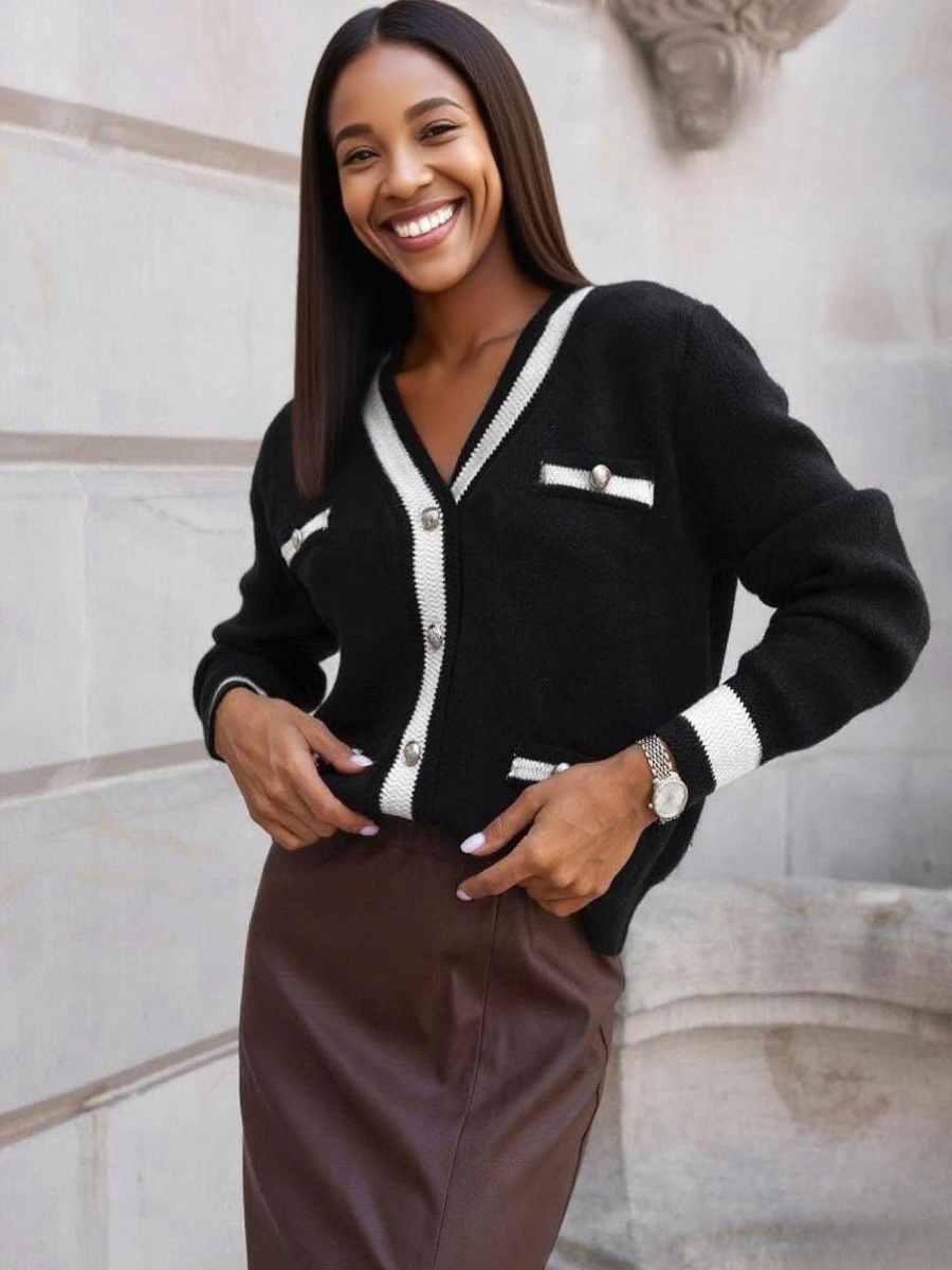 Contrast Trim Button-Up Knit Cardigan