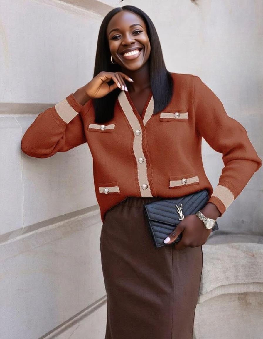 Contrast Trim Button-Up Knit Cardigan