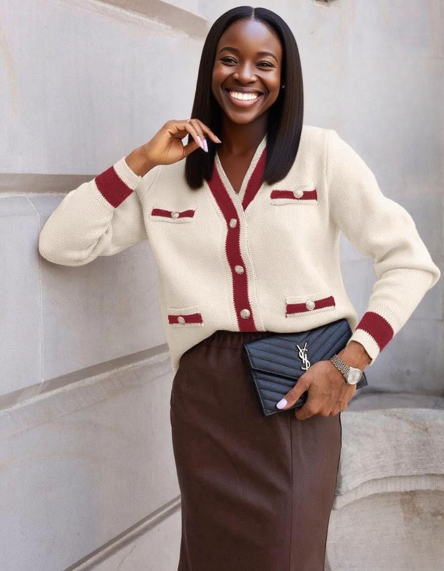Contrast Trim Button-Up Knit Cardigan