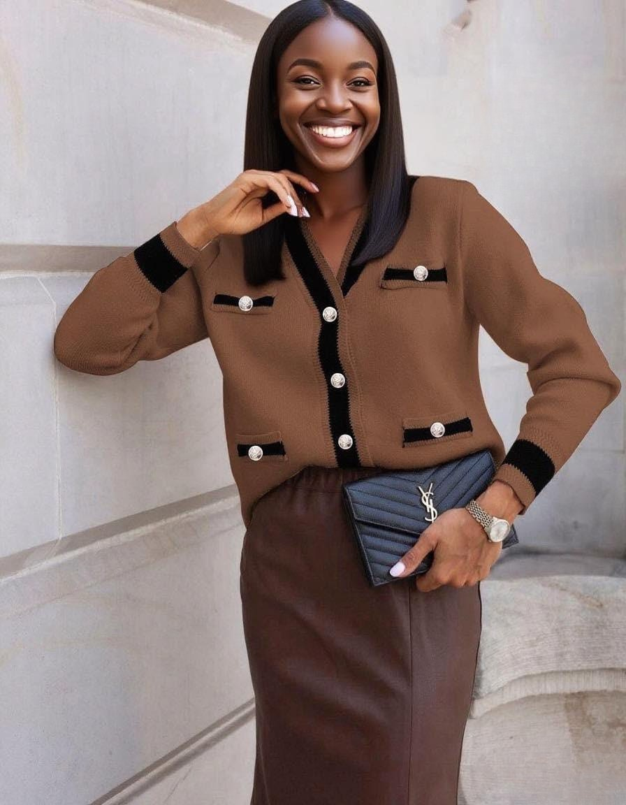 Contrast Trim Button-Up Knit Cardigan