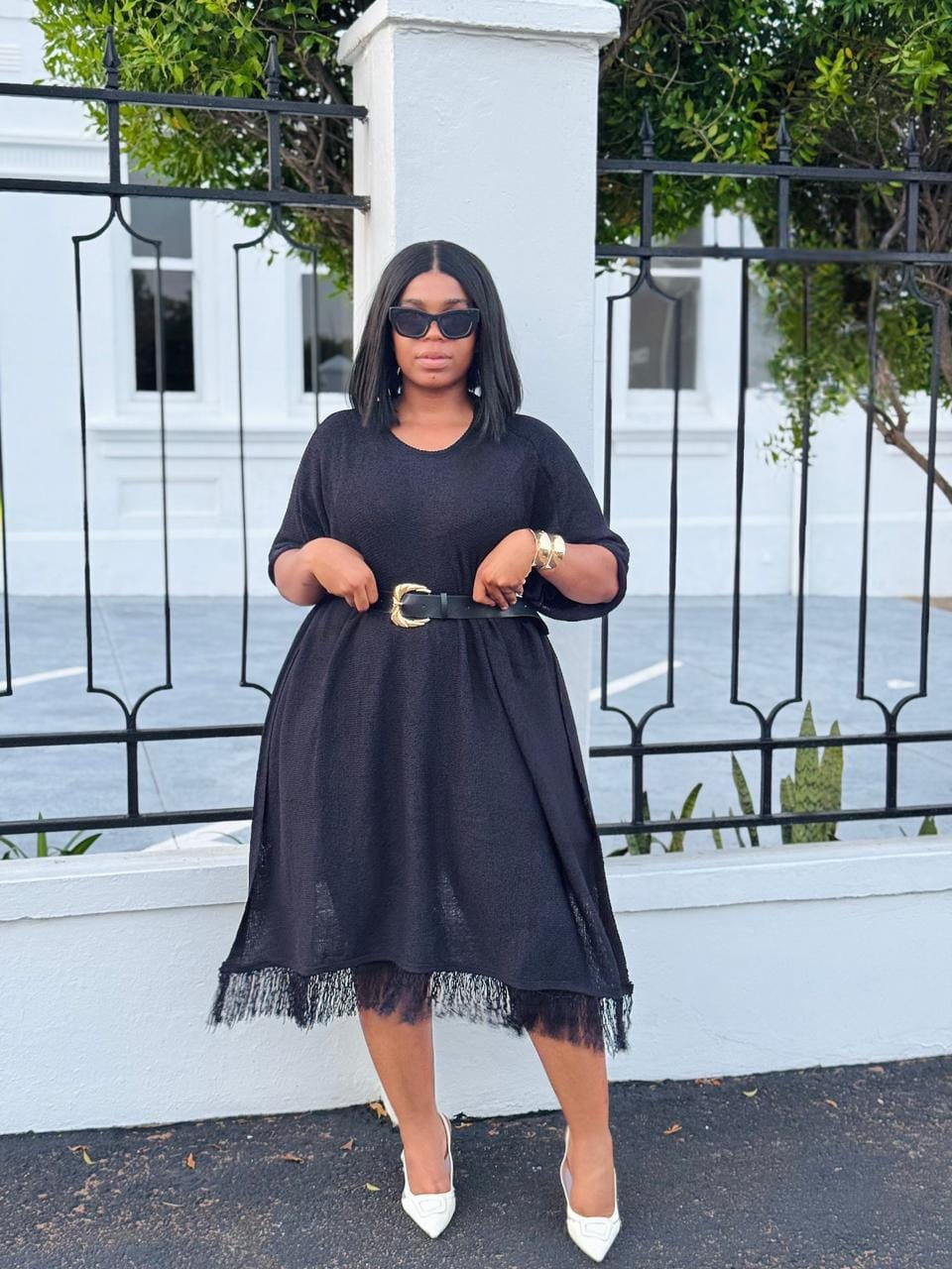 Fringe Hem Belted Dress