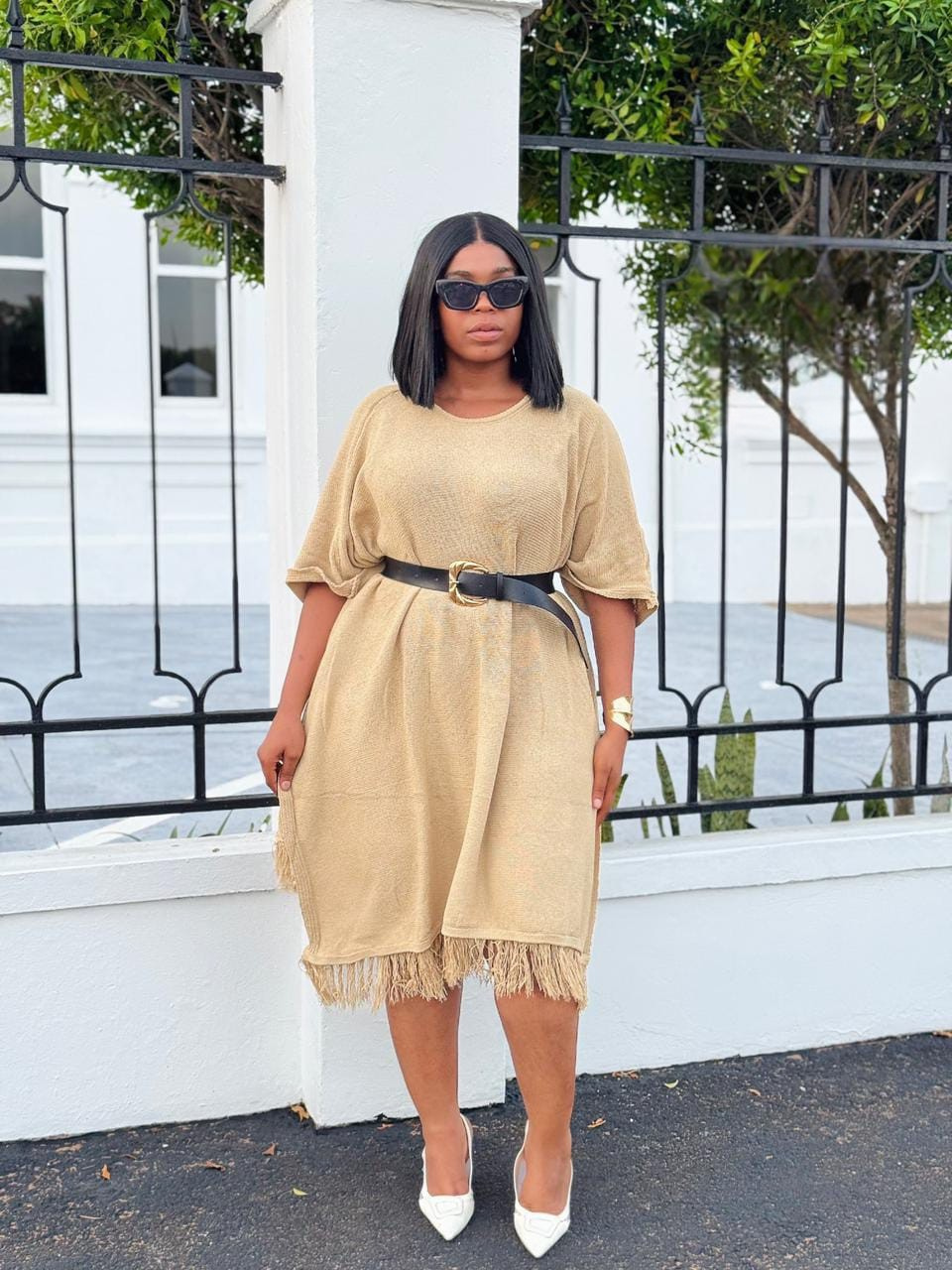 Fringe Hem Belted Dress